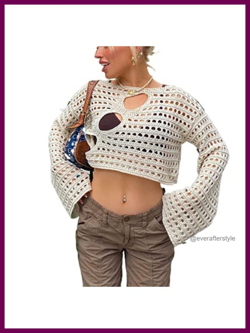 Crochet Knit Crop Top Pullover Long Sleeve Hollow Out Square Neck Y2k Streetwear
